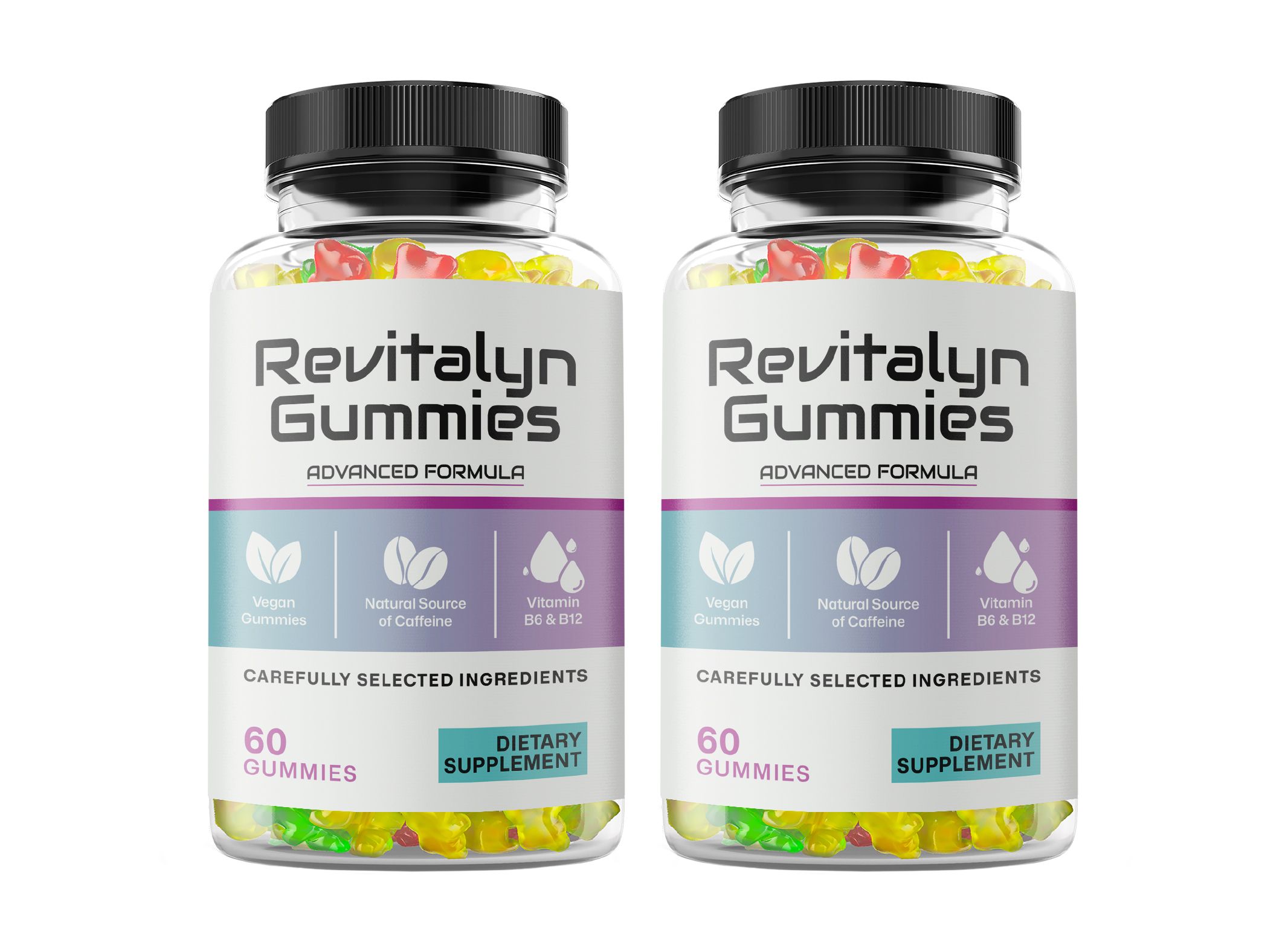 Zwei Flaschen Revitalyn Gummies, 60 Kapseln pro Flasche, Nahrungsergänzungsmittel.