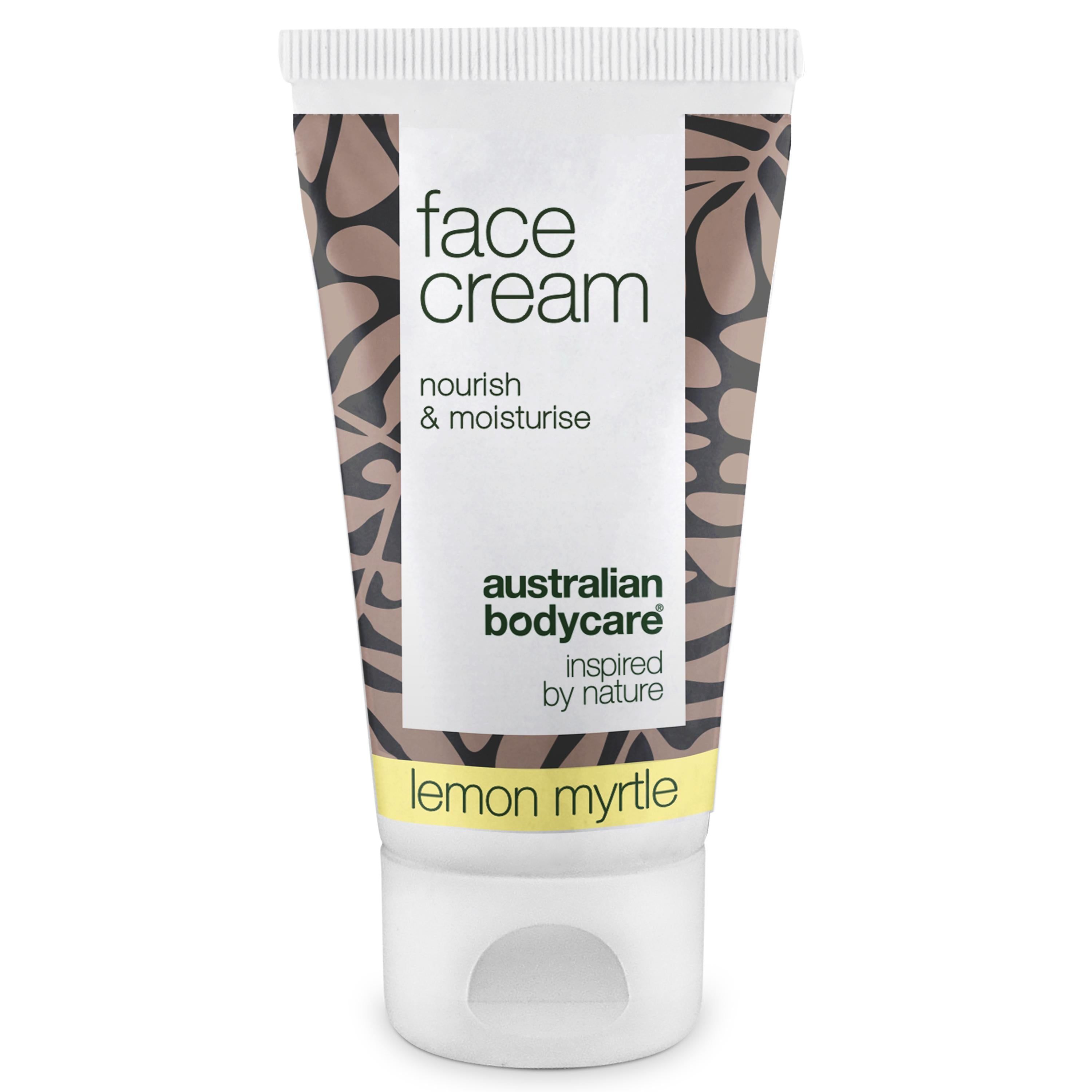 Gesichtscreme-Tube. Weißer Deckel, braunes Muster. Text: Face Cream, nourish & moisturise, Australian Bodycare, Lemon Myrtle.