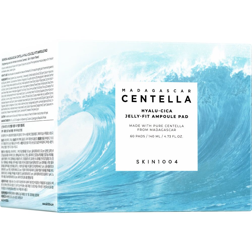 Kartonverpackung mit Text: CENTELLA, HYALU-CICA JELLY-FIT AMPULE PAD, SKIN1004. Wellenmuster.