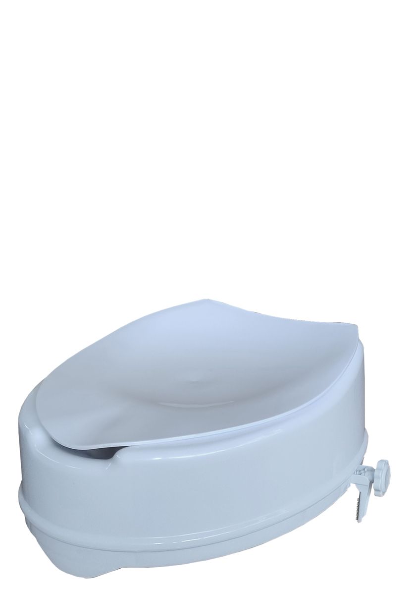 Toilettensitzerhöhung mit geschlossenem Deckel, weißes Kunststoff. Seitliche Befestigung.