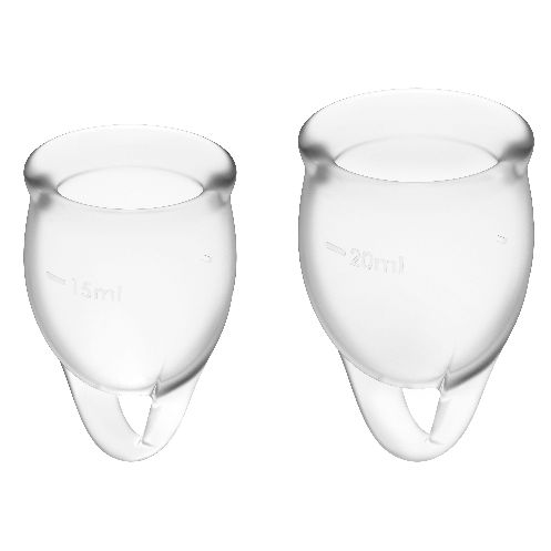 Zwei transparente Menstruationstassen. Eine mit 15ml, eine mit 20ml Fassungsvermögen. Mit Griff.