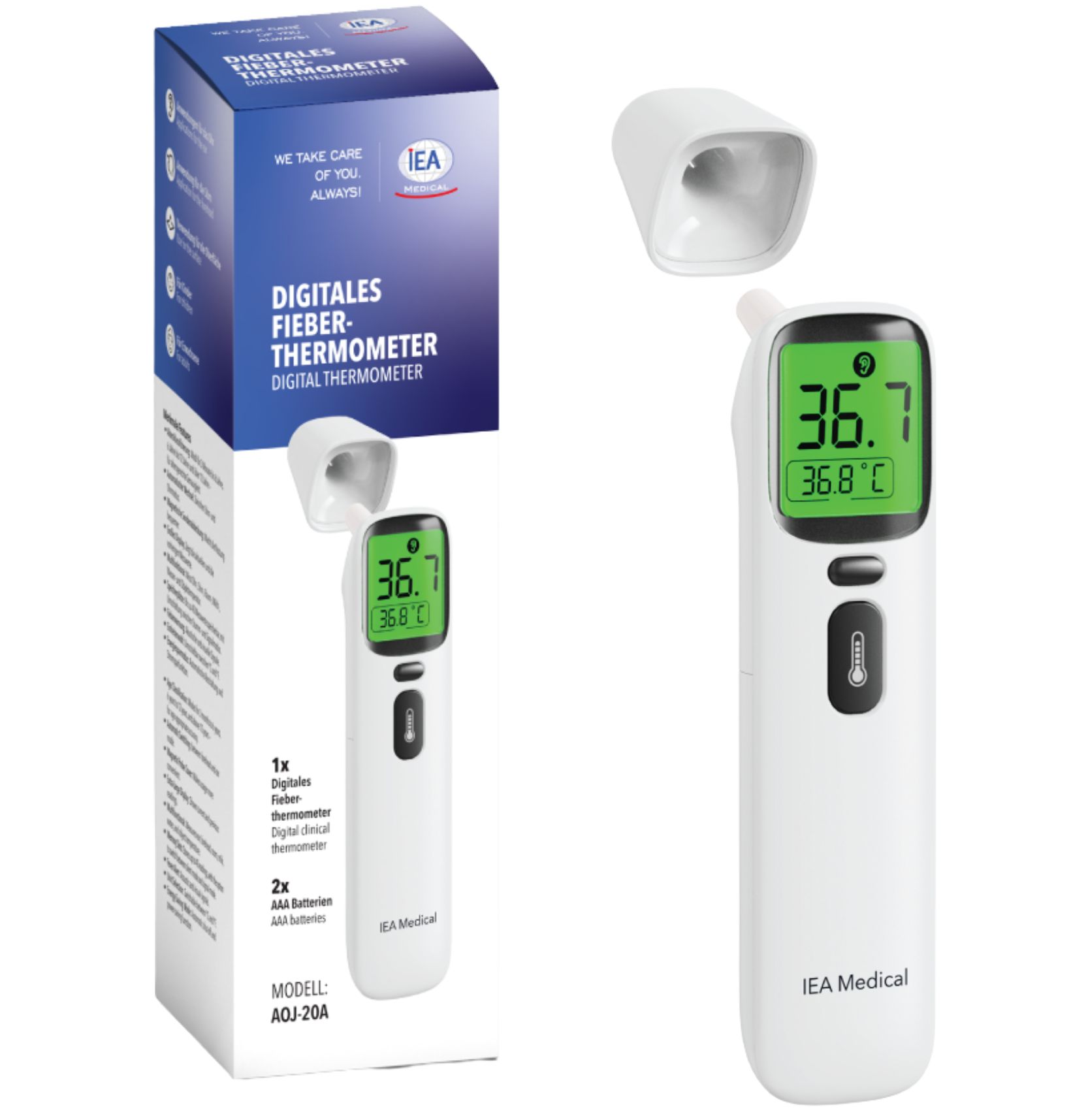IEA Medical Fieberthermometer mit abnehmbarer Kappe und Verpackung. Zeigt 36.7°C an.