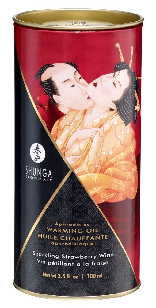 Zylindrische Dose. Aufdruck: Shunga, Warming Oil, Erdbeer-Aroma. Abbildung: küssendes Paar. Roter Hintergrund, schwarze und goldene Details.