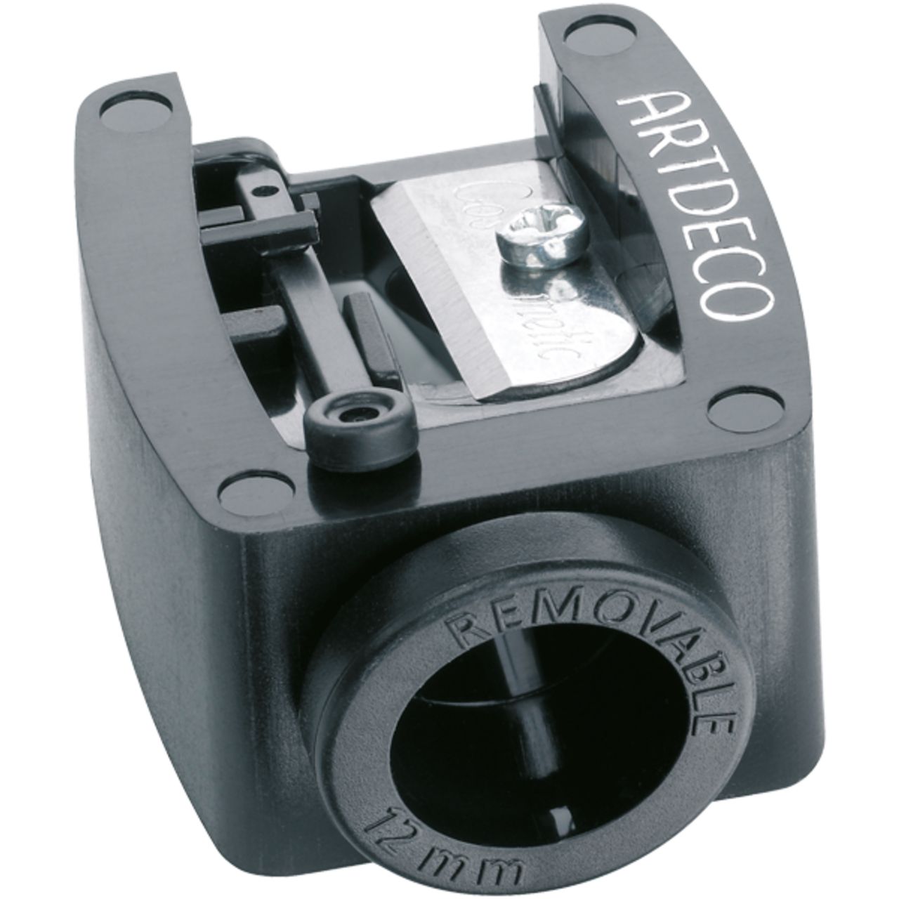 Schwarzer Spitzer mit ARTDECO-Logo. Mit abnehmbarer Öffnung, 12 mm. Metallklinge sichtbar.