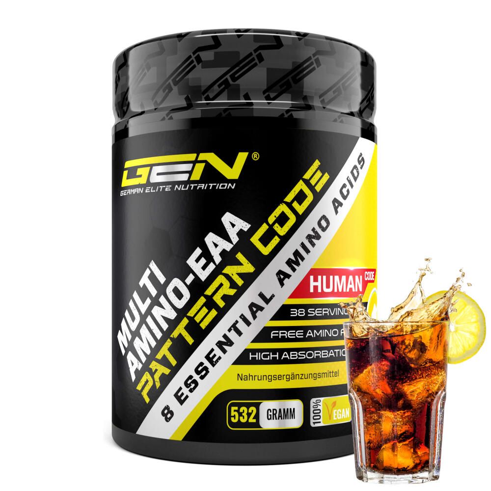 Dose GEN Multi Amino EAA, Glas mit Getränk und Zitrone. Aufschrift: 8 Essential Amino Acids.