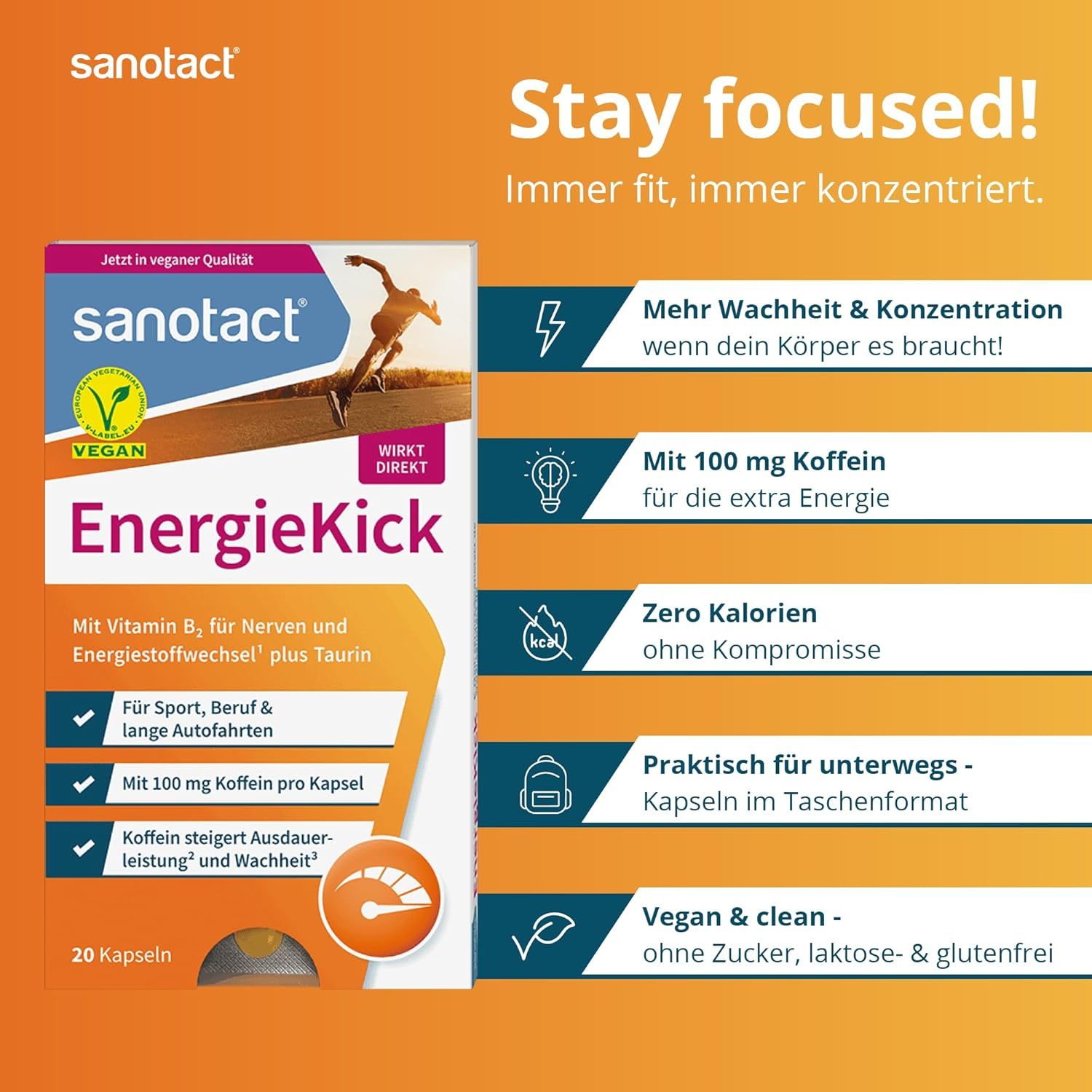 sanotact EnergieKick Kapseln Packung. Enthält 20 Kapseln. Vegan, zucker-, laktose- und glutenfrei. Mit 100 mg Koffein. Für unterwegs.