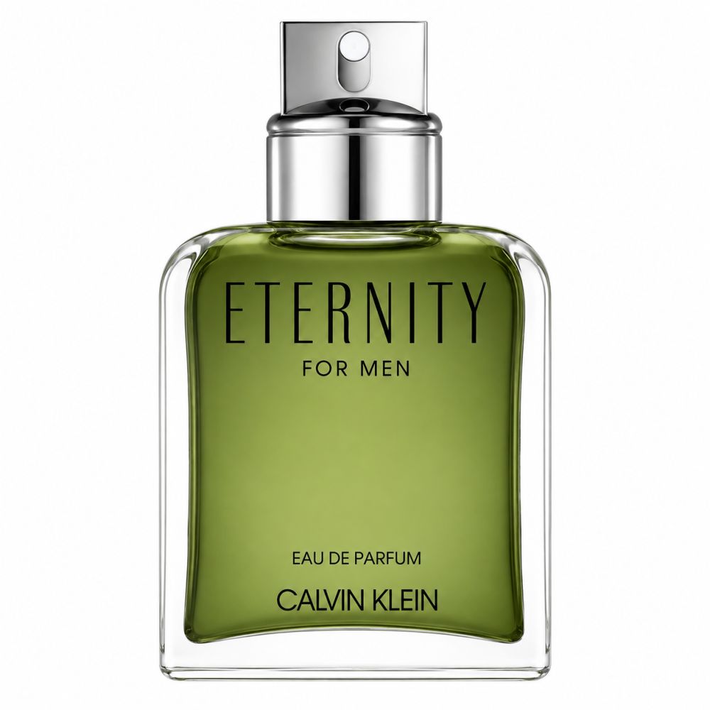 Calvin Klein Eternity for Men Eau de Parfum Flakon mit silbernem Zerstäuber.