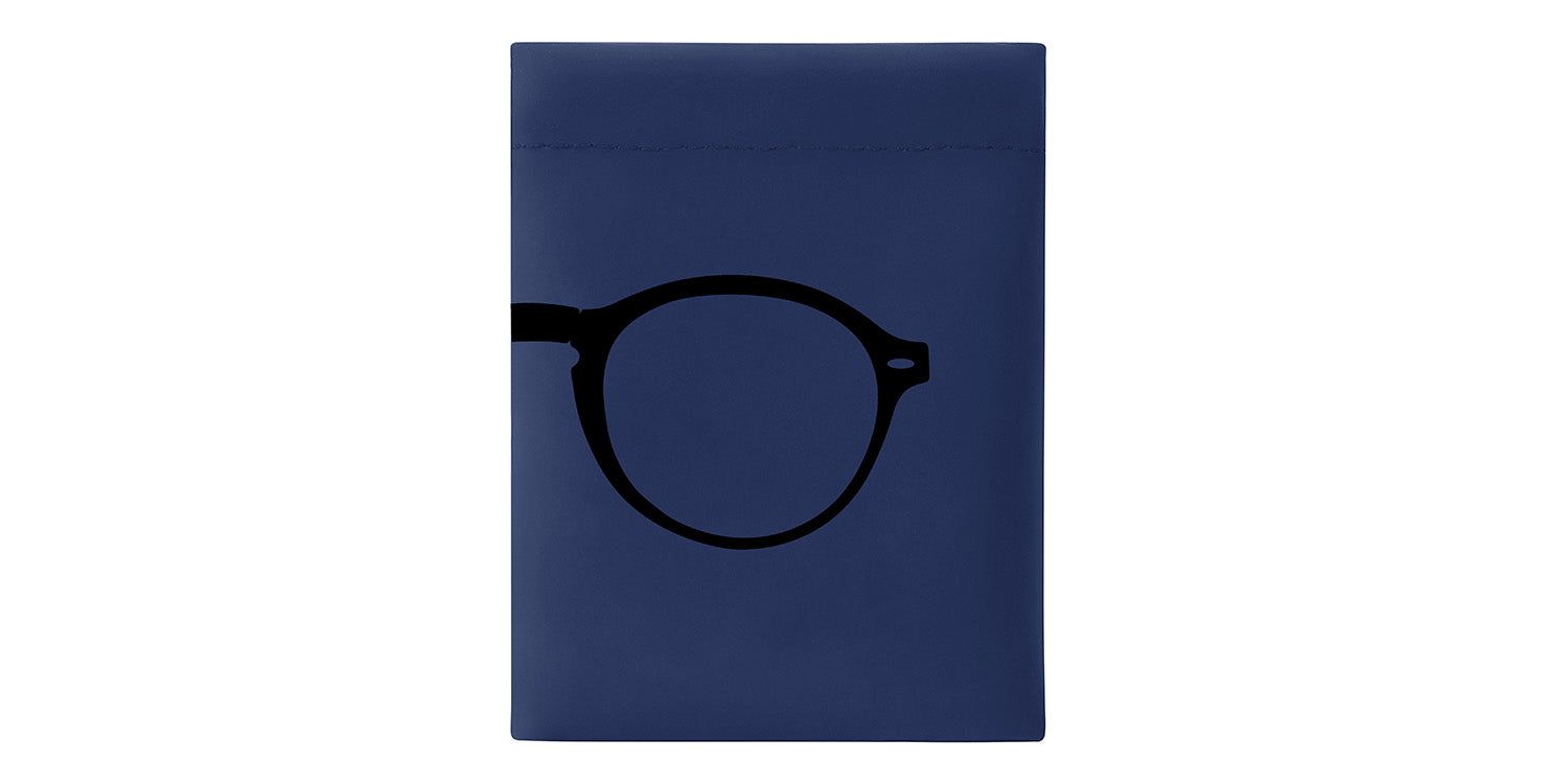 Dunkelblaue Hülle mit Brillen-Silhouette. Montana Eyewear Logo.