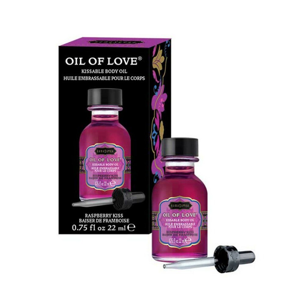 Verpackung und Flasche "Oil of Love" Massageöl, Himbeergeschmack.