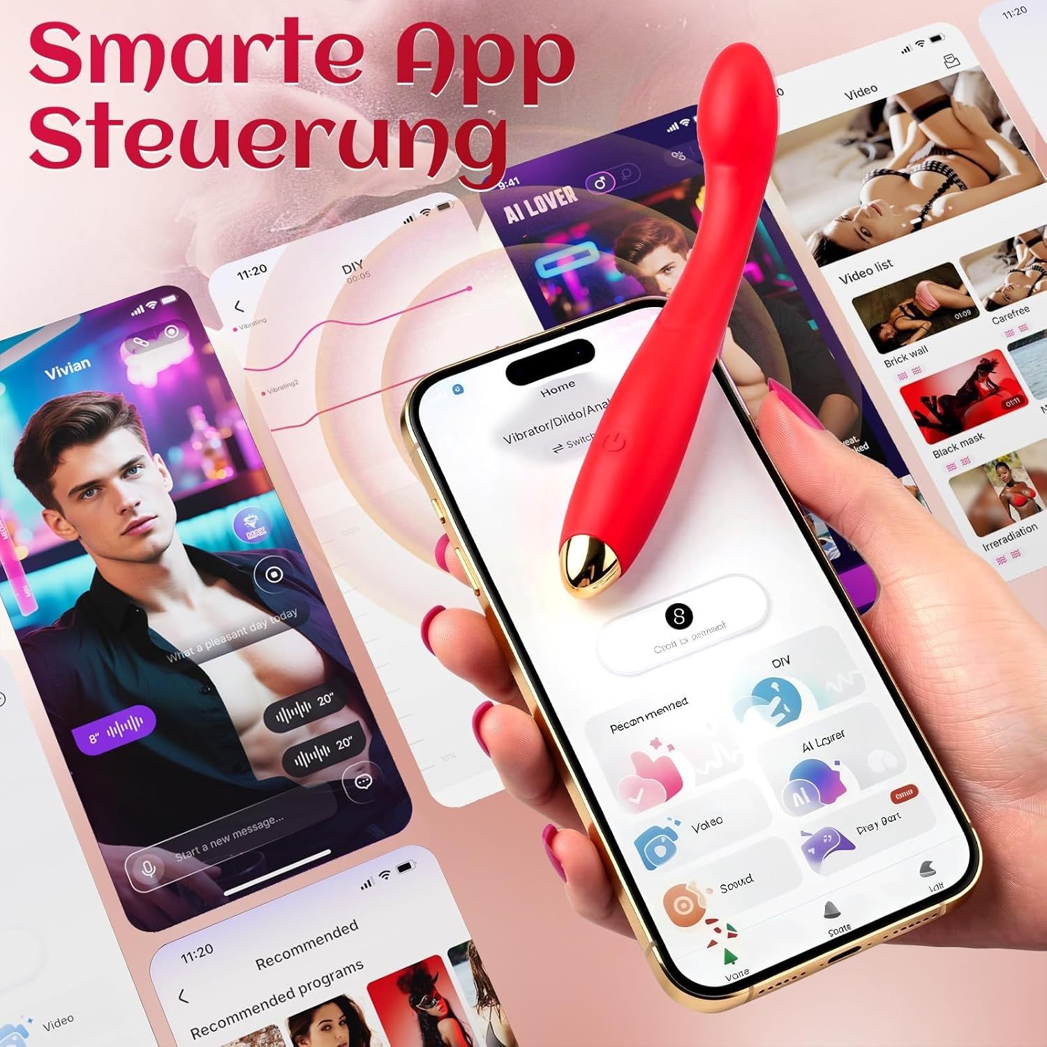 Roter Vibrator wird von einer Hand gehalten, die eine Smartphone-App mit verschiedenen Funktionen steuert.