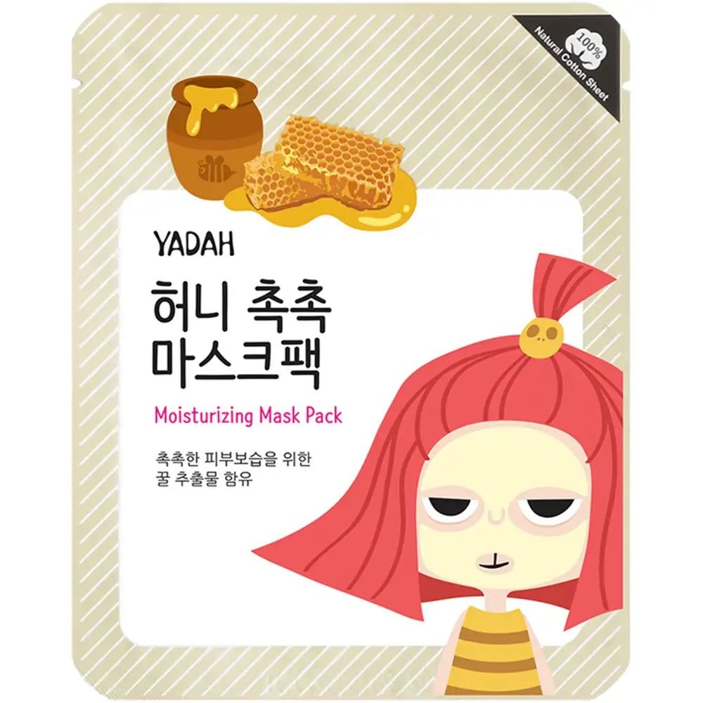 YADAH-Gesichtsmaske. Verpackung mit Honig-Illustration und koreanischem Text. Aufschrift: Moisturizing Mask Pack. Baumwollblatt.