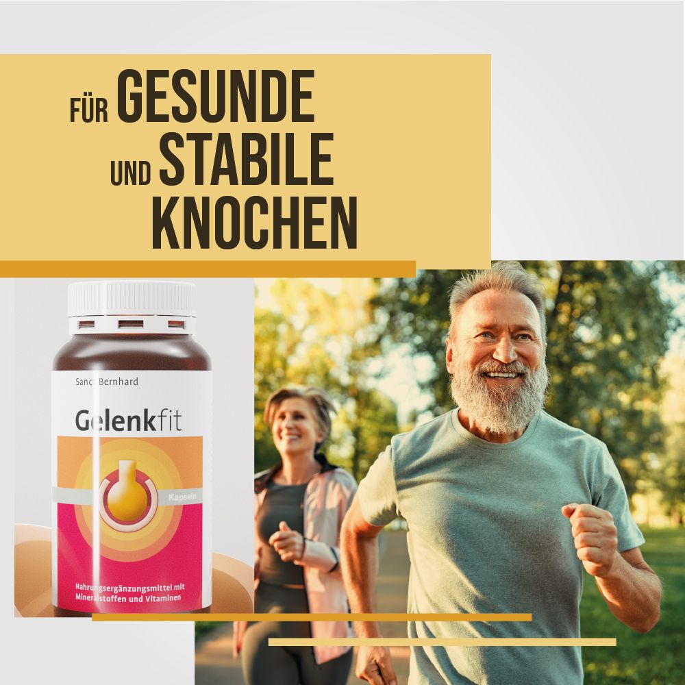 Werbebild mit einer Flasche Gelenkfit-Kapseln und einem älteren Mann beim Joggen. Text: Für gesunde und stabile Knochen.