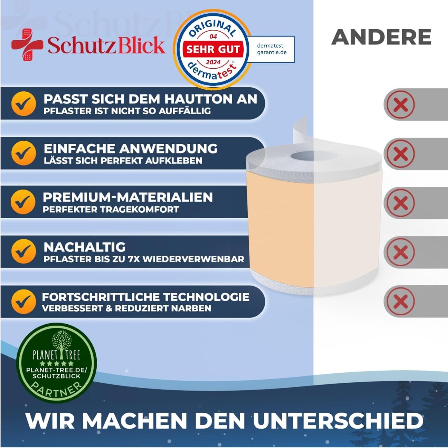 Verpackung und Rolle von Schutzblick Narbenpflastern, mit Vorteilen wie Hauttonanpassung und Wiederverwendbarkeit.