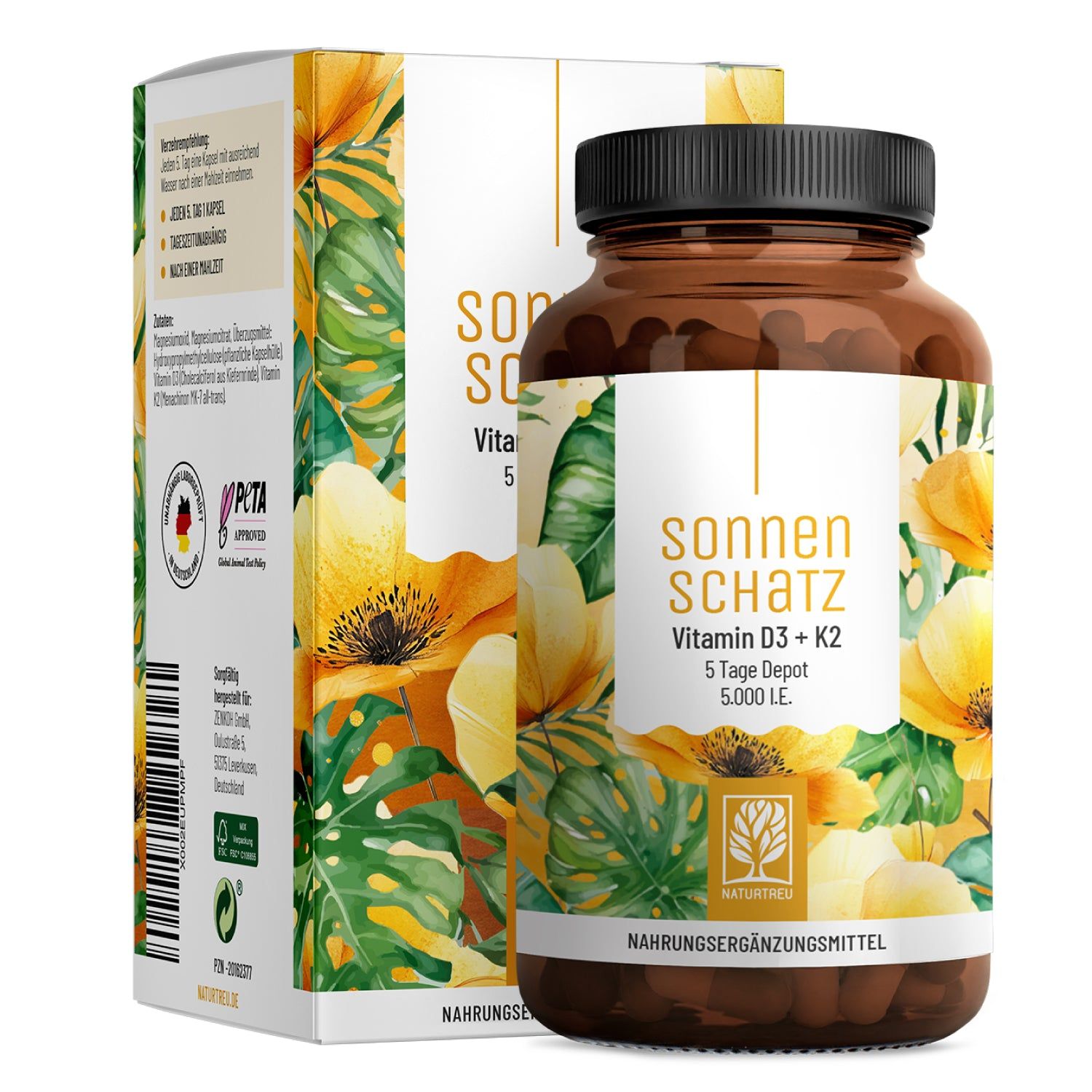 Braune Glasflasche mit schwarzem Deckel und weißem Etikett. Daneben eine Schachtel mit floralem Muster. Aufschrift: SONNENSCHATZ Vitamin D3 + K2.