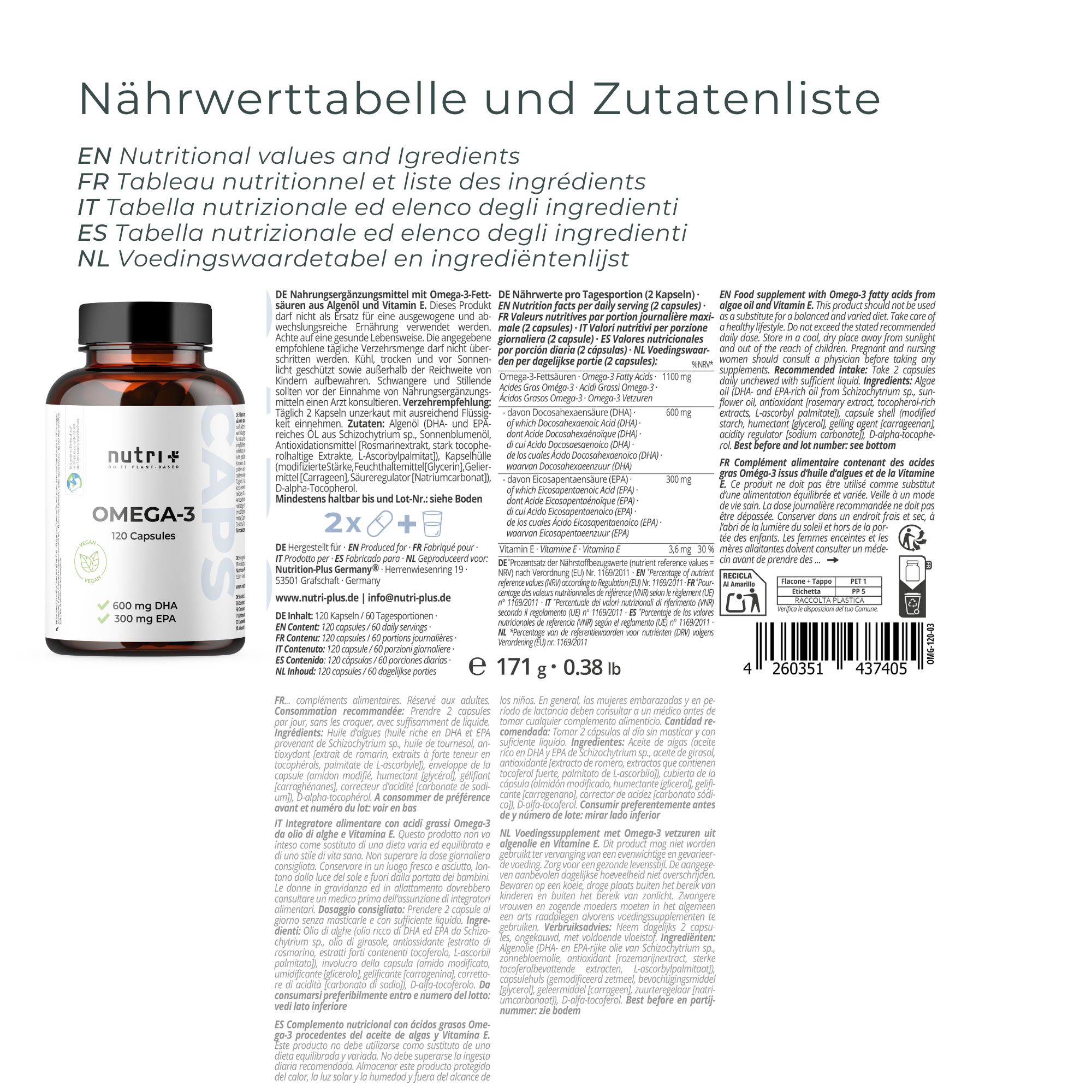 Nährwerttabelle und Zutatenliste. Produktflasche mit "nutri+" Logo. Text in Englisch, Französisch, Italienisch, Spanisch und Niederländisch.