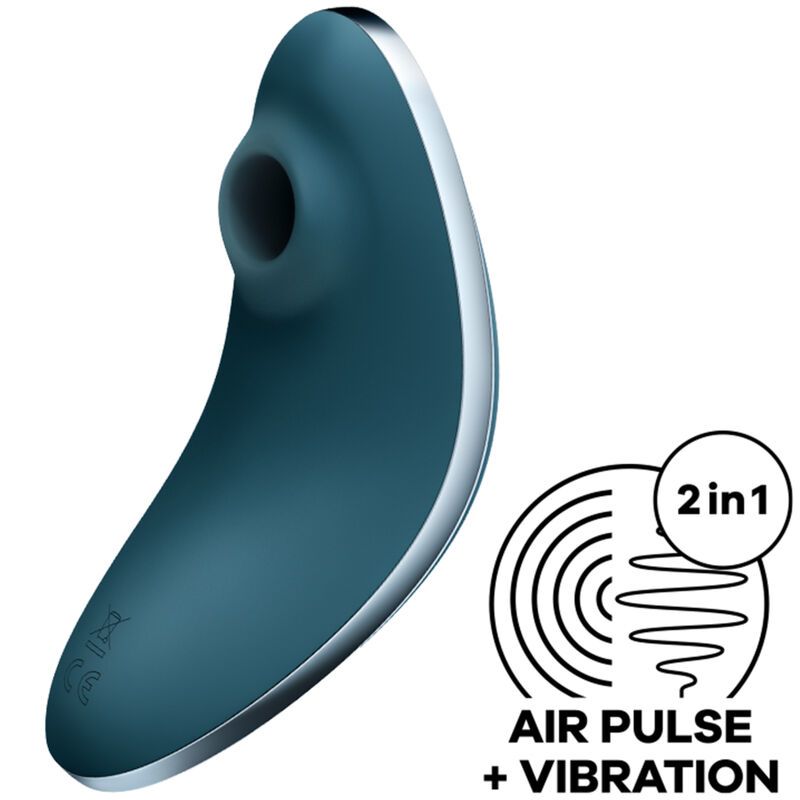 Blaues Wellness-Produkt mit silberner Umrandung. Mit Air Pulse + Vibration. 2in1-Funktion.