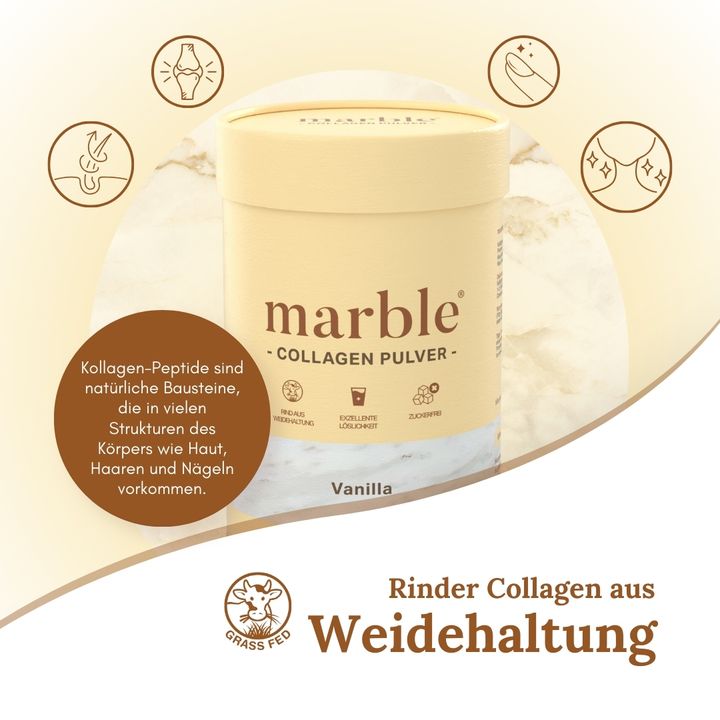 Beige Dose "marble" Collagen Pulver Vanilla. Text: Kollagen-Peptide. Rinder Collagen aus Weidehaltung. Symbole.