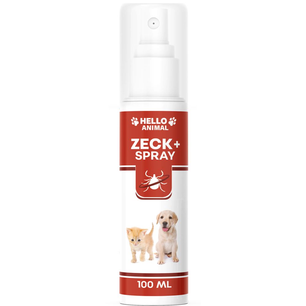 Weiße Sprühflasche mit rotem Etikett. Aufschrift: Hello Animal, Zeck+ Spray, 100 ml. Abbildung: Katze, Hund.