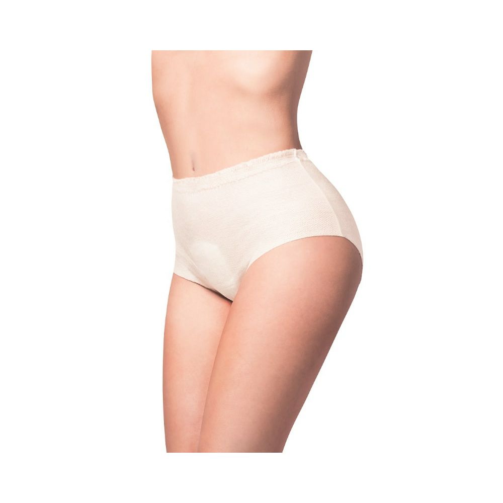 Person trägt beigefarbene iD Intime Pants. Niedrige Taille, Schutzbereich vorne. Seitenansicht.