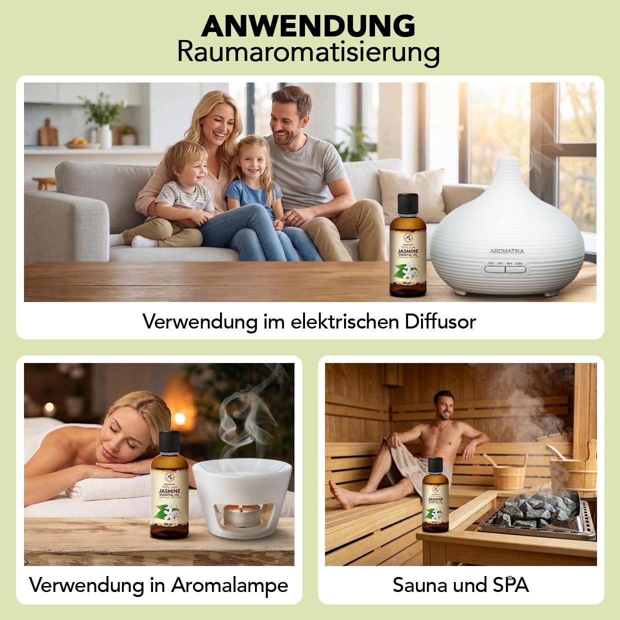 Flasche mit 50 ml Wacholderöl und Verpackung mit Wacholderbeeren.