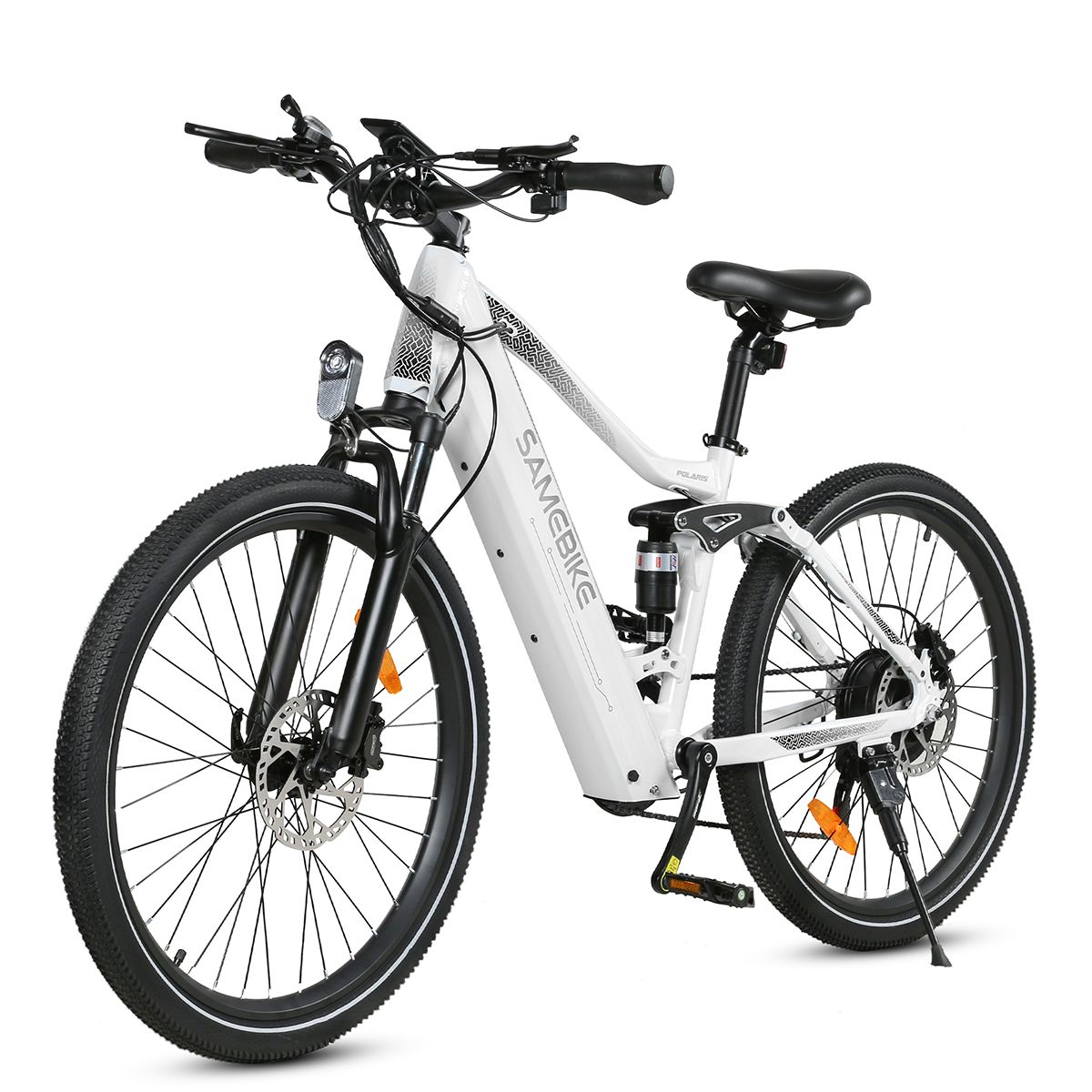 Weißes Elektrofahrrad Samebike XD26-II. Schwarze Reifen, Sattel und Lenker. Federung und Scheibenbremsen.