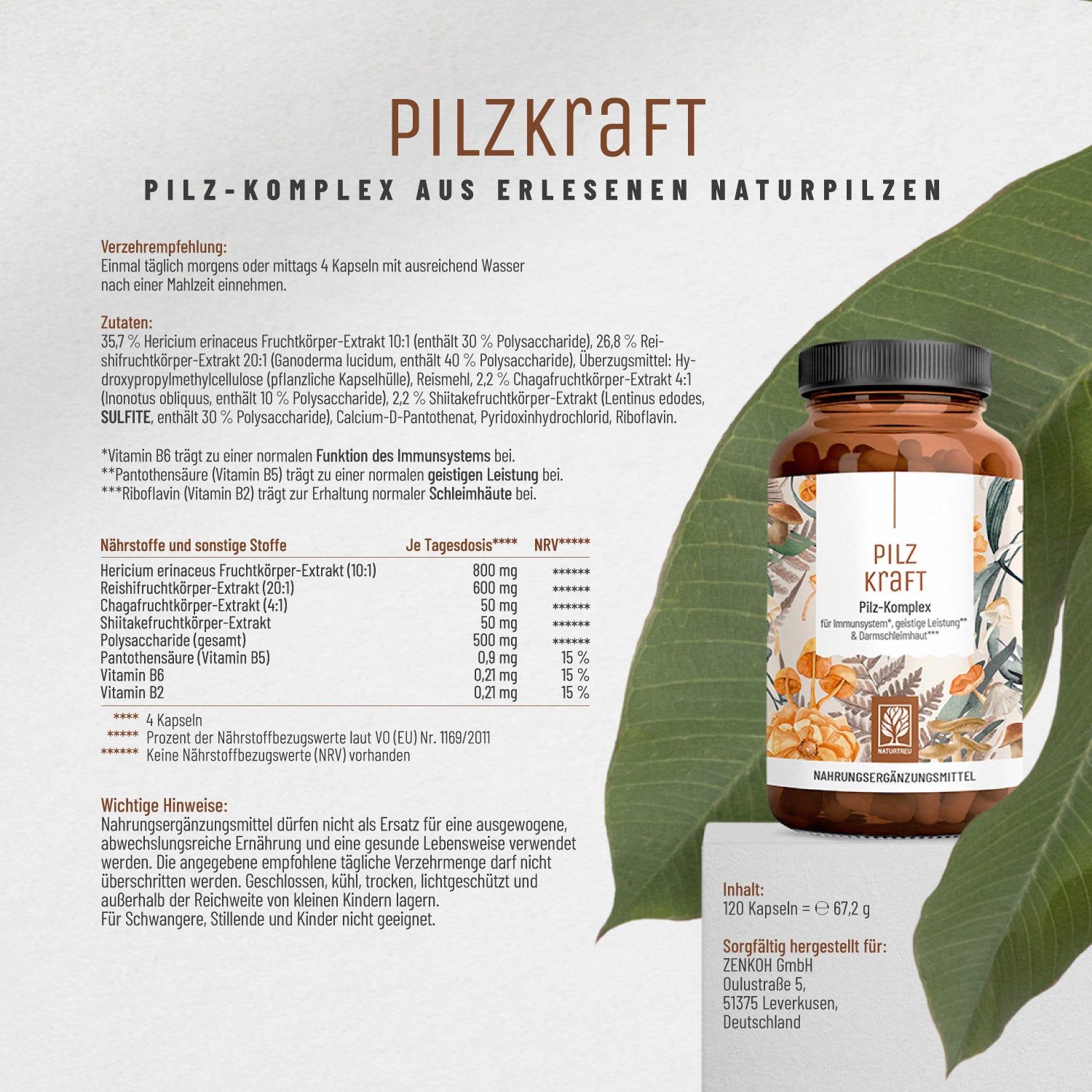 Pilz Komplex Dose mit detaillierten Anwendungshinweisen und Nährwertangaben.