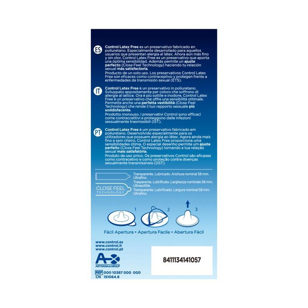 Control Latex Free Kondompackung, 5 Stück. Blaues Design mit Kreis-Symbol.