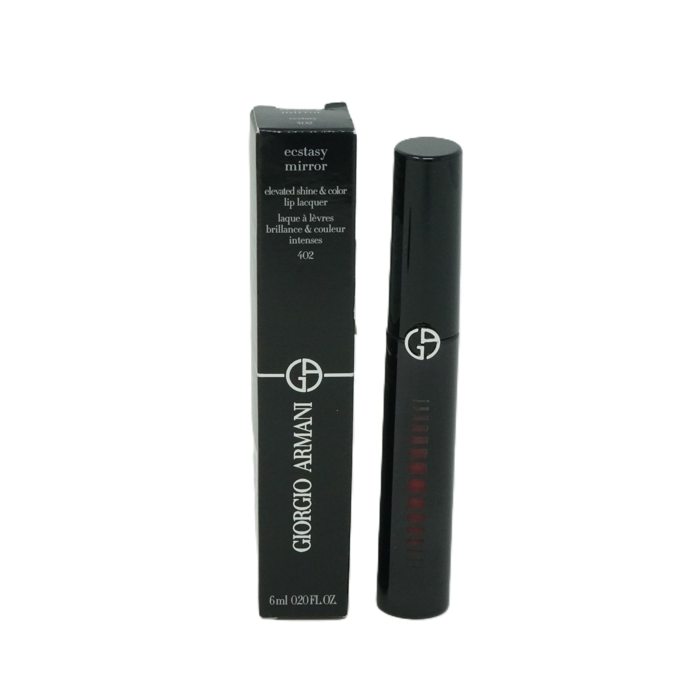 Schwarze Verpackung und Lipgloss. Giorgio Armani Ecstasy Mirror Lipgloss, Farbton 402. Text: Ecstasy Mirror, 5ml.