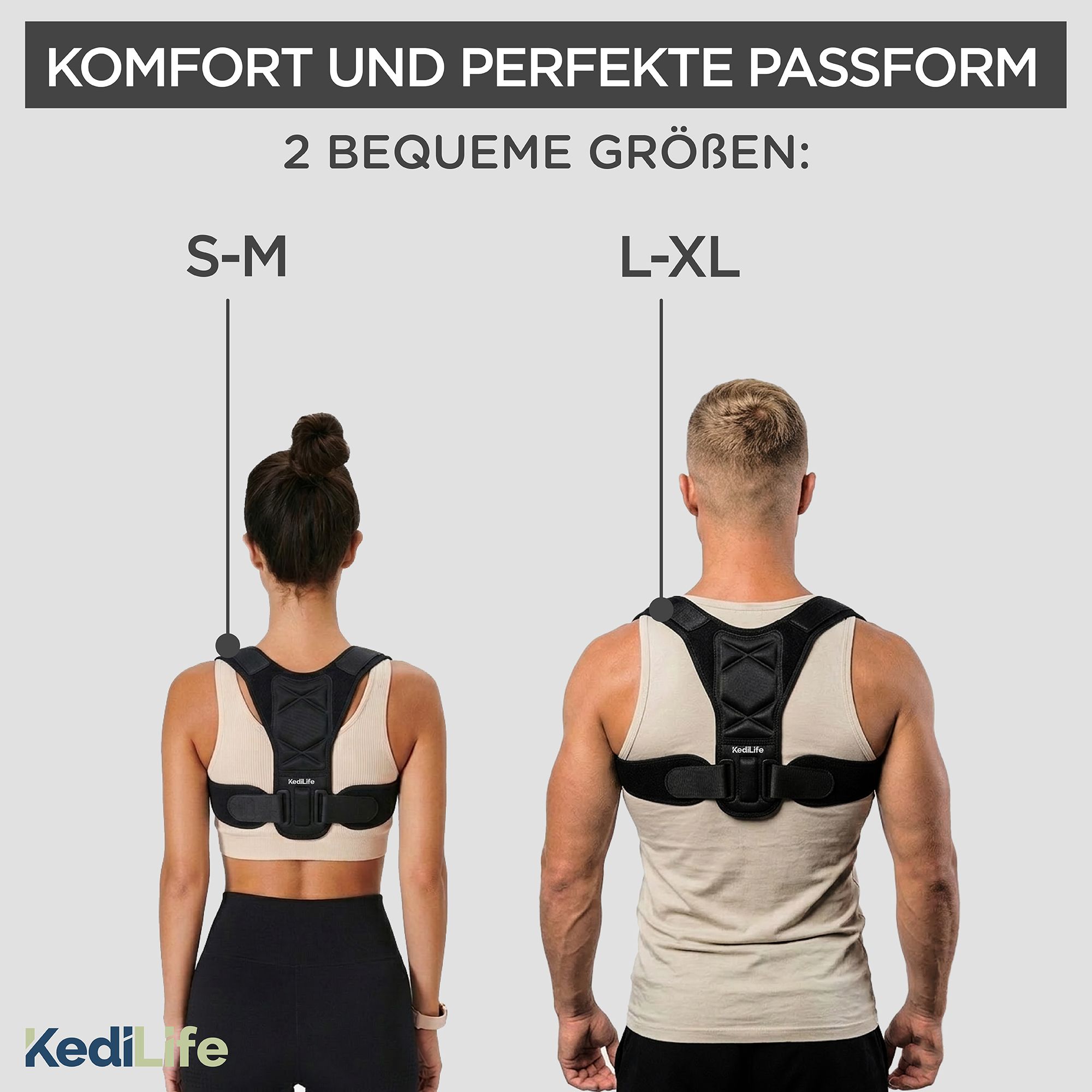 Haltungskorrektor mit detaillierten Ansichten des atmungsaktiven Stoffes.