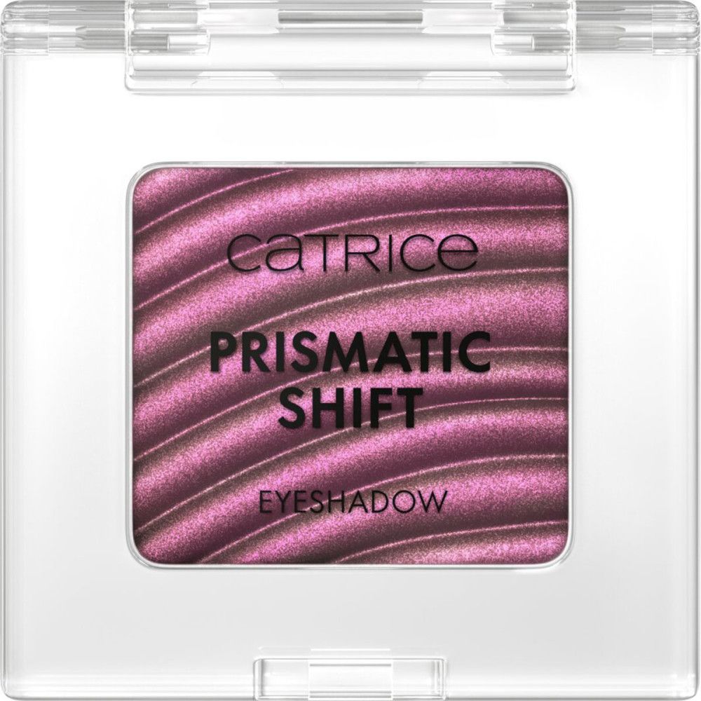 Quadratischer Lidschatten in transparenter Verpackung. Auf dem Lidschatten steht "CATRICE PRISMATIC SHIFT EYESHADOW".