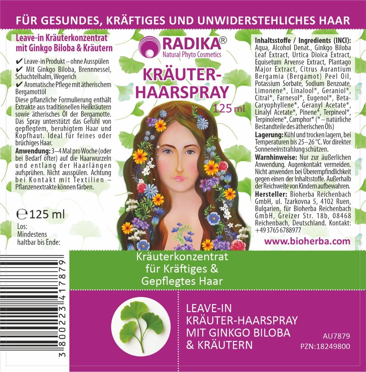 Rückseite der Produktverpackung. Weißes Etikett mit Text und Illustration einer Frau mit Blumen im Haar. Text: Kräuter-Haarspray.