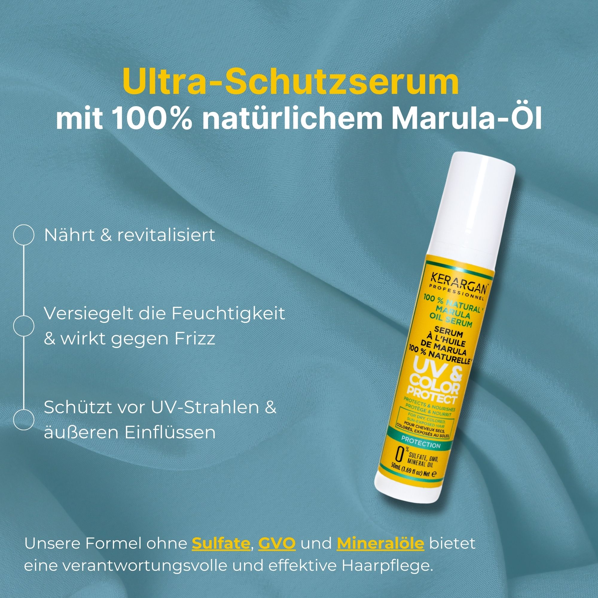 Kerargan Serum mit Marula-Öl. Weiße Flasche. Text: Ultra-Schutzserum, 100% natürliches Marula-Öl. Vorteile: Nährt, schützt, gegen Frizz.