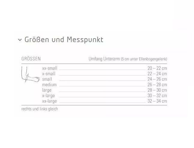 Tabelle mit Größenangaben für BORT select® EpiPlus®. Größen: XXS, XS, S, M, L, XL, XXL. Messpunkt: Unterarmumfang.