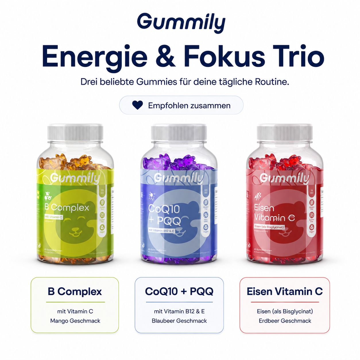 Gummily Energie & Fokus Trio: B-Complex, CoQ10+PQQ, Eisen Vitamin C Gummis.