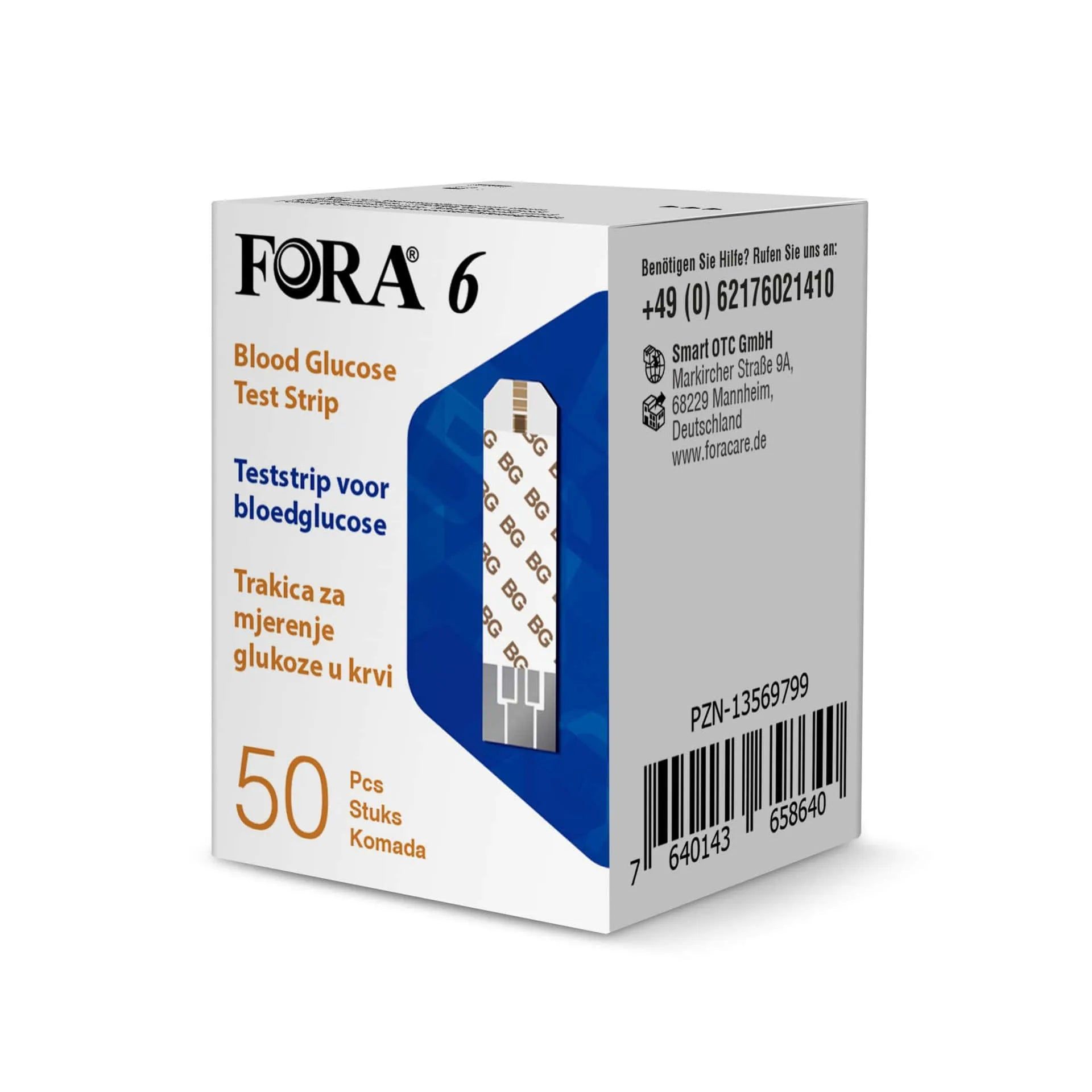 Verpackung mit 50 FORA 6 Blutzucker-Teststreifen. Zeigt die Anzahl der Streifen und die Produktinformationen an.