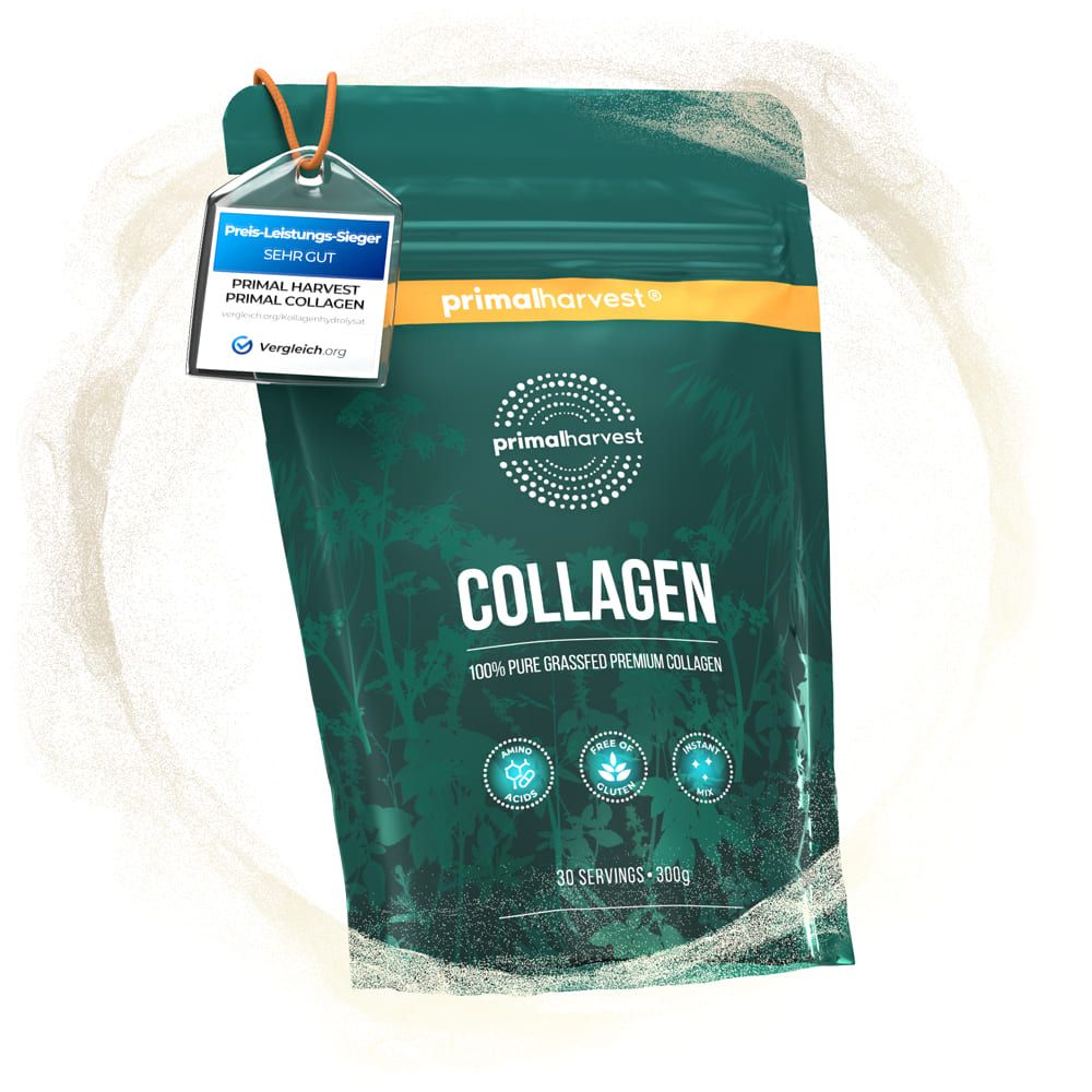 Grüne Verpackung mit Collagen-Pulver. Anhänger: Preis-Leistungs-Sieger. Aufdruck: Primal Harvest, Collagen, 30 Portionen.