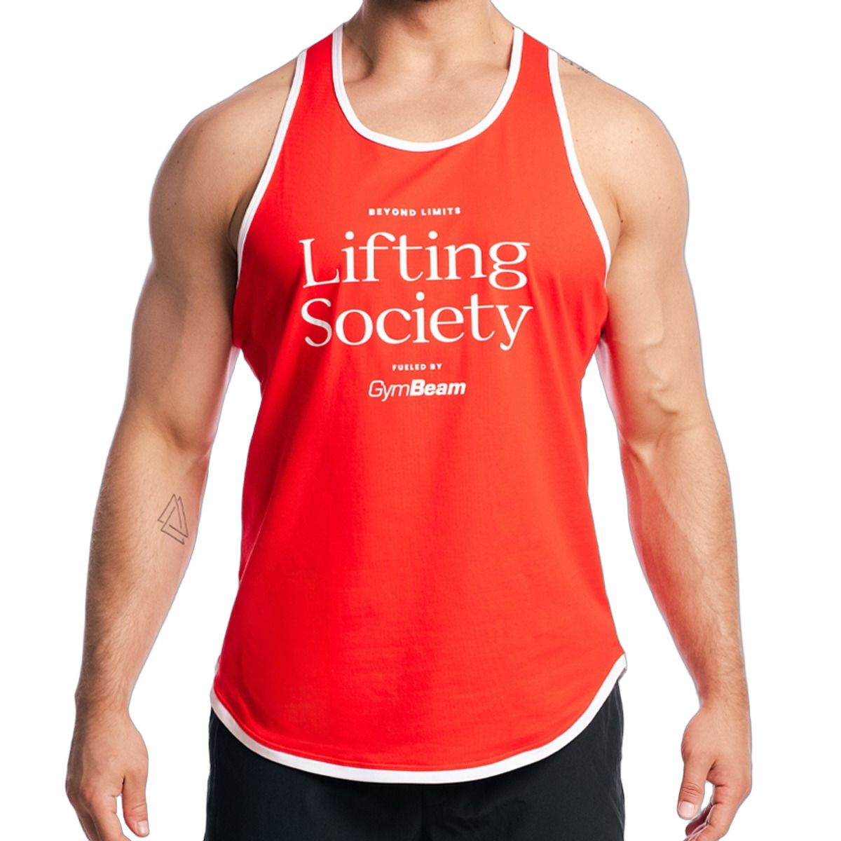 Rotes Herren-Tanktop mit weißem Rand und "Lifting Society" Aufdruck.