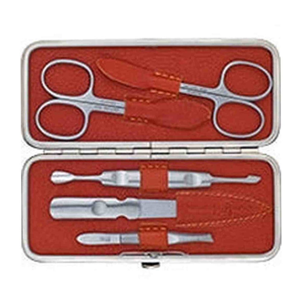 Offenes, rotes Etui mit Maniküre- und Pediküre-Werkzeugen. Enthält Schere, Feile, Nagelknipser und mehr.