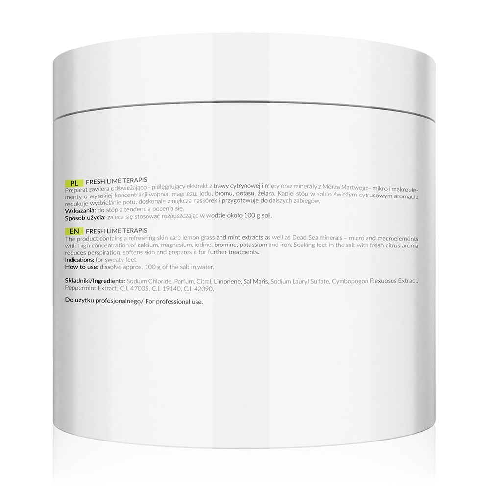 Weißer Tiegel, Rückseite mit Text in mehreren Sprachen. Produktname FRESH LIME TERAPIS, Inhaltsstoffe und Anwendungshinweise.