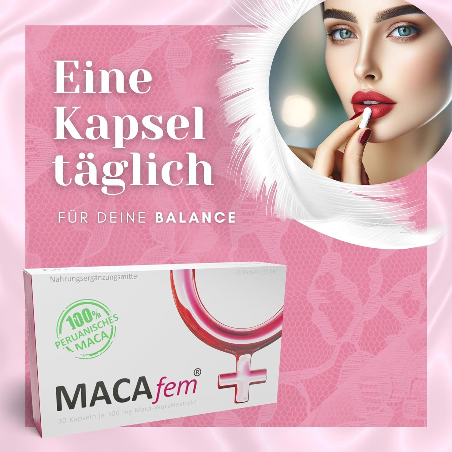 Werbung mit Frau, die Kapsel nimmt. MACAfem®-Packung. Text: Eine Kapsel täglich. Rosa Hintergrund.