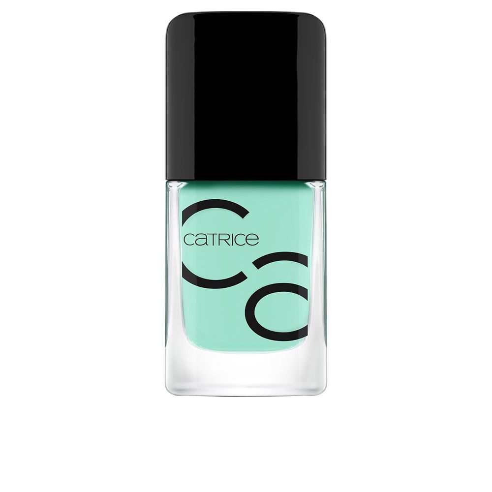 Eine Flasche Nagellack mit mintgrüner Farbe und schwarzem Deckel. Auf der Flasche steht "Catrice".