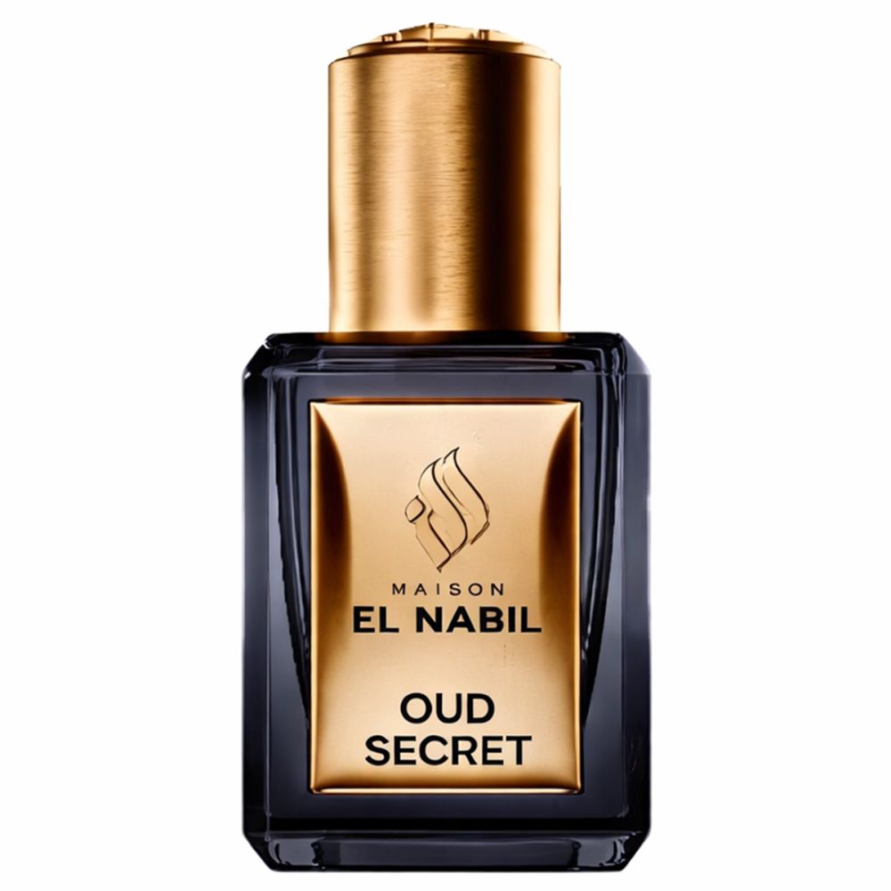 Dunkle Glasflasche mit goldfarbenem Verschluss. Goldfarbenes Etikett mit "EL NABIL OUD SECRET".