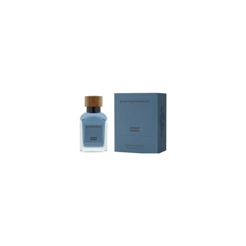 Flakon und Schachtel von Ámbar Negro. Flakon mit Holzdeckel, blaue Flüssigkeit. Schachtel mit Logo und Produktnamen.