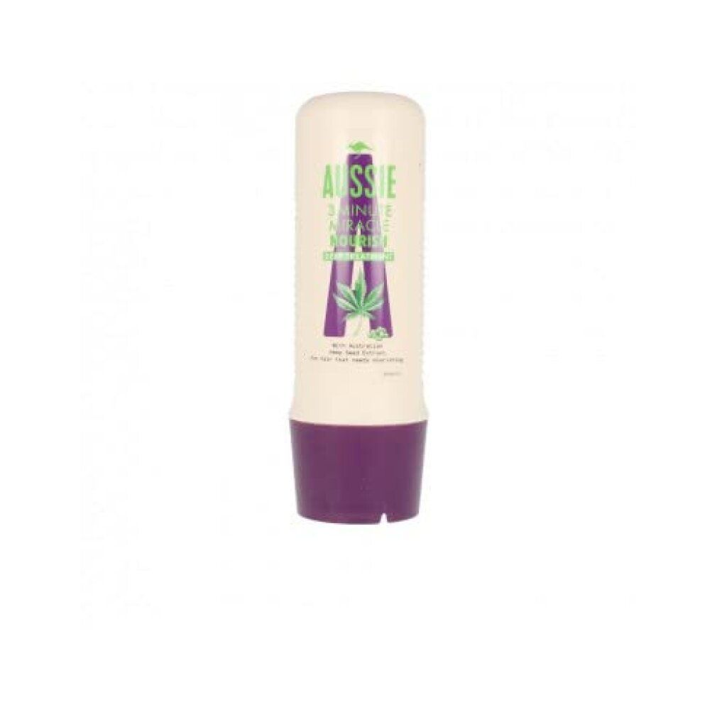 Beige Tube mit lila Boden. Aufschrift: Aussie 3 Minute Miracle Nourish Deep Treatment. Mit Hanfsamenextrakt.