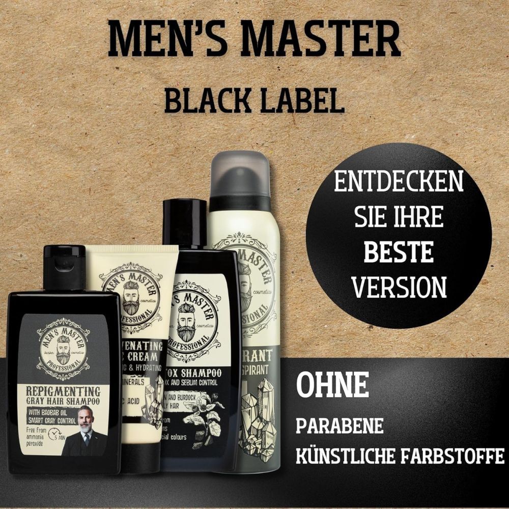Mehrere Produkte der Black Label-Serie. Text: Entdecken Sie Ihre beste Version. Ohne Parabene, künstliche Farbstoffe.