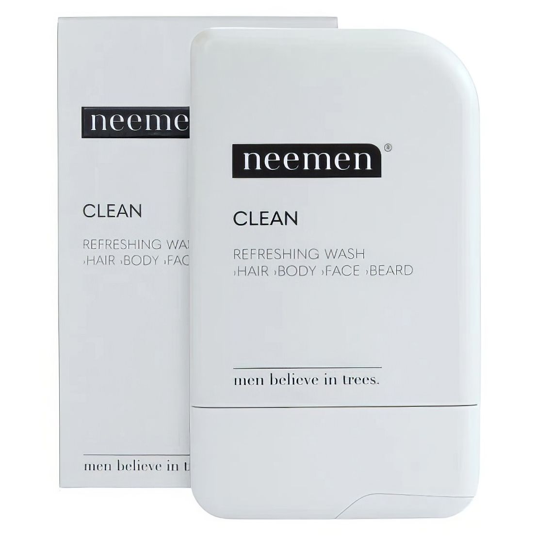 Weißes Produkt mit schwarzem Text: "neemen CLEAN". Text darunter: "Refreshing Wash Hair Body Face Beard". Verpackung daneben.