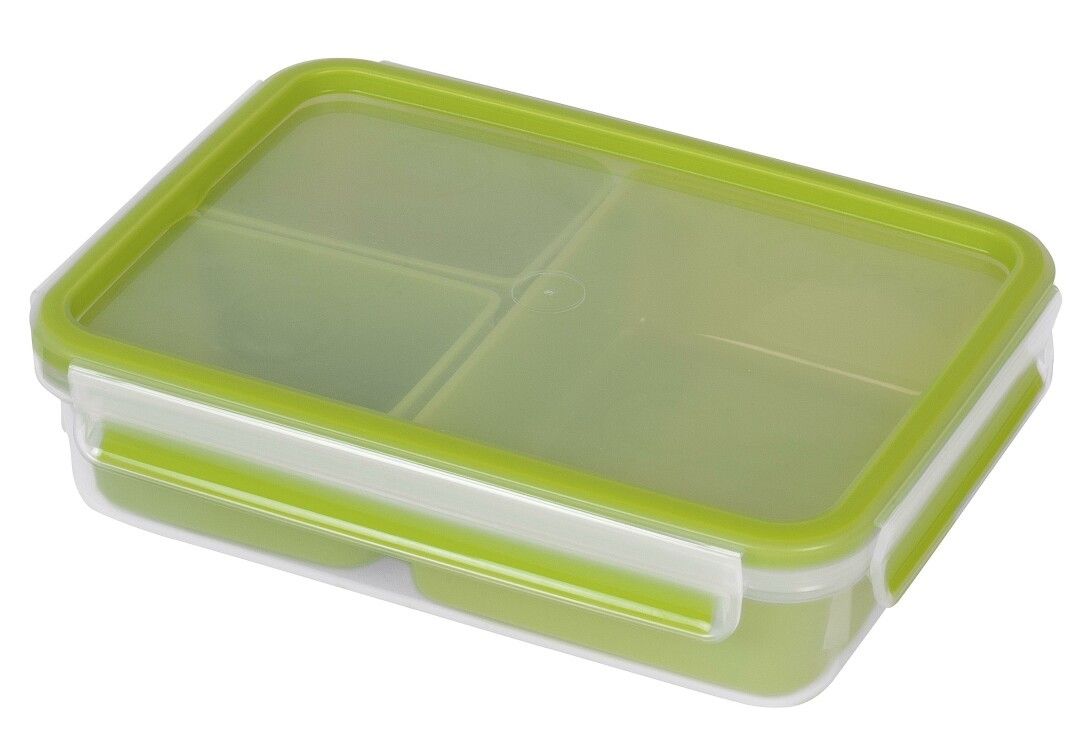 Rechteckige Frischhaltedose mit grünem Deckel und Unterteilungen. Der Deckel ist geschlossen und hat grüne Verschlüsse.