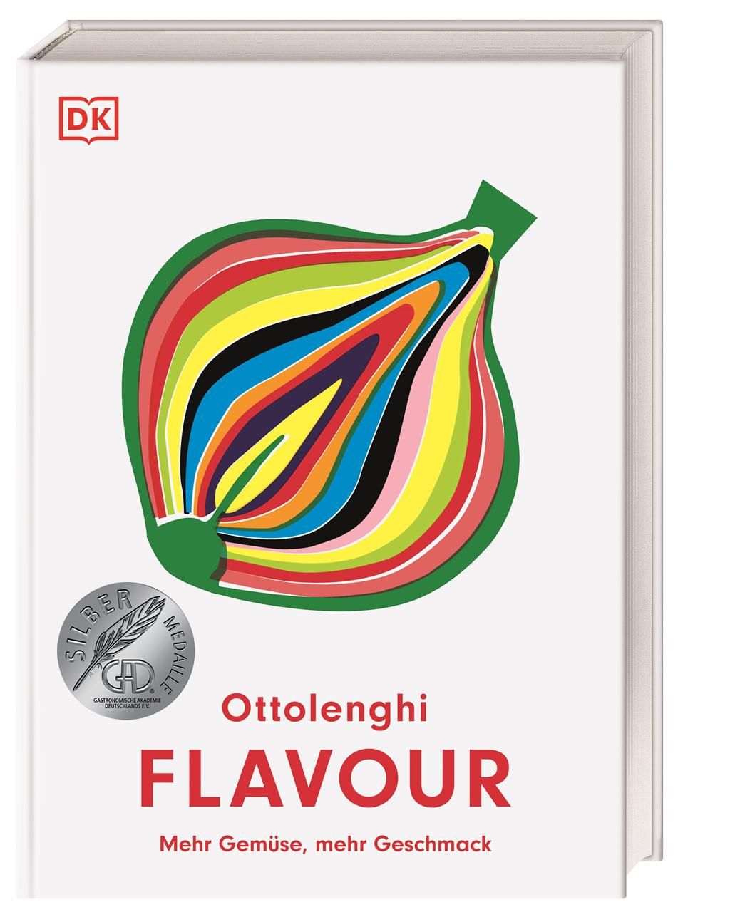 Buchcover mit farbigem Gemüse-Design. Titel: FLAVOUR. Autor: Ottolenghi. Verlag: DK. Auszeichnung: Silber Medaille.