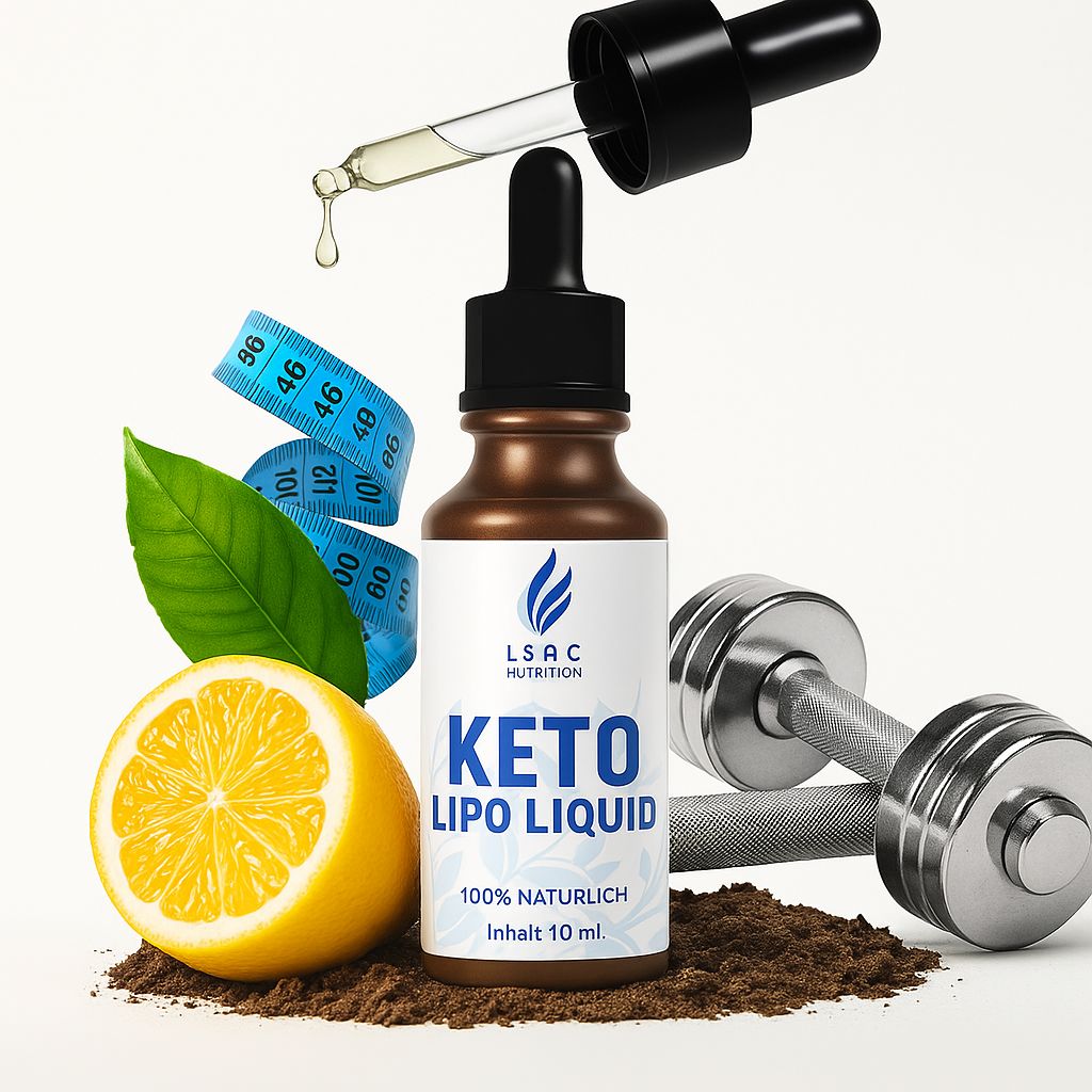 Braune Flasche mit Tropfer, Tropfen, Zitrone, Maßband, Blatt und Hantel. Aufschrift KETO LIPO LIQUID. 100% natürlich.