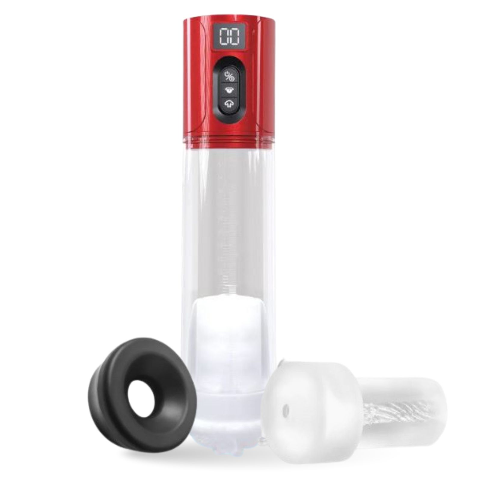 Elektronische Penis-Pumpe mit Zubehör. Transparentes Gehäuse, roter Kopf mit Display. Enthält Manschette und Masturbator-Einsatz.